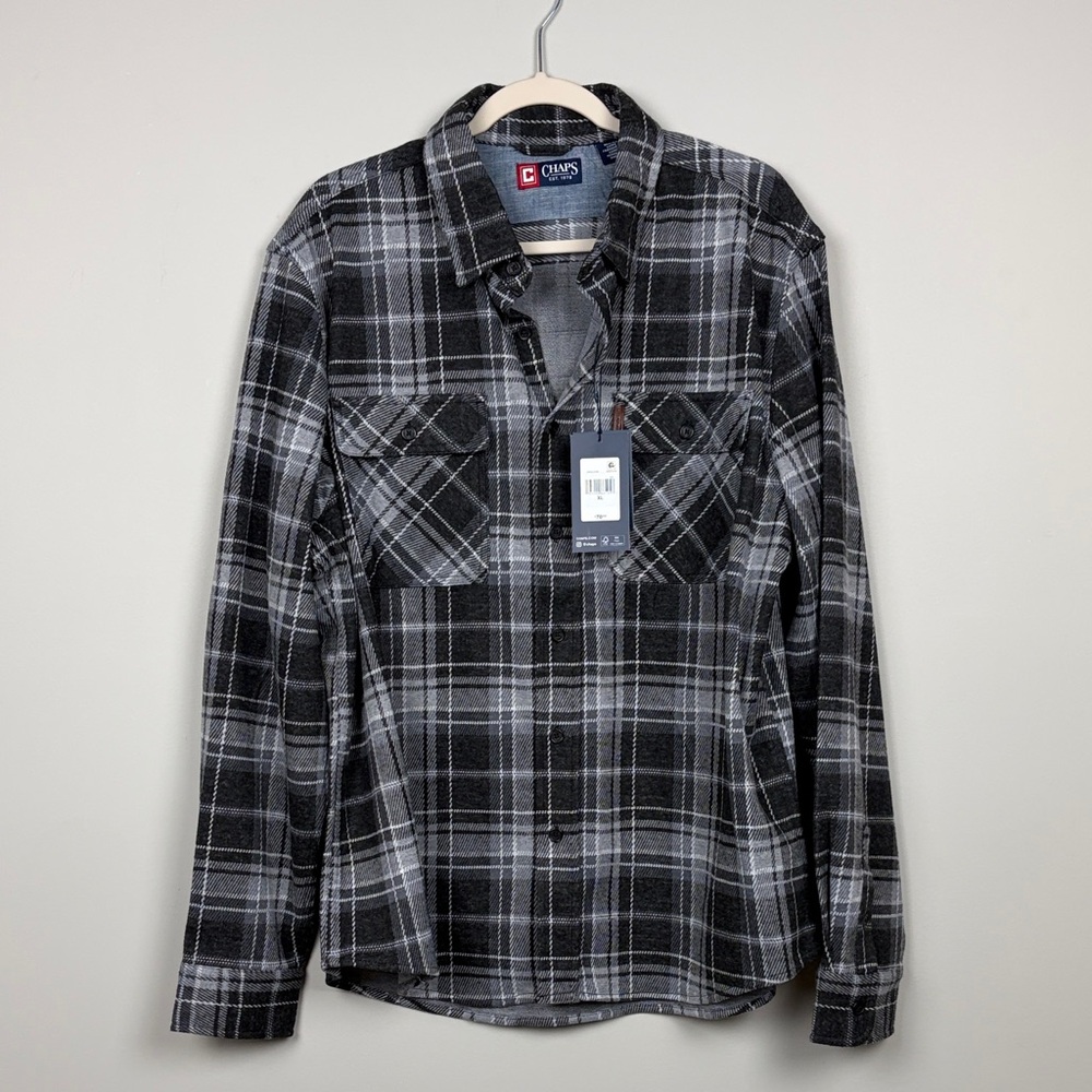 NWT Chaps Men's Knit Flannel‎ 2 Way Stretch Gray and Black Plaid Shirt SZ XL
